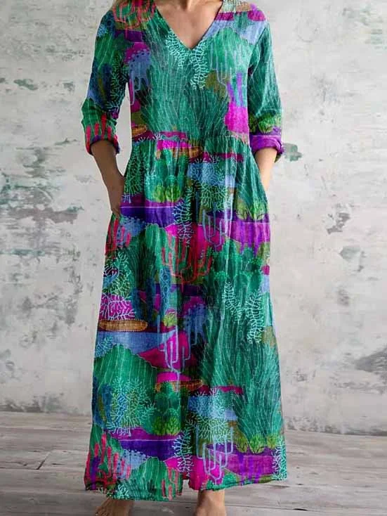 Women's 3/4 Sleeve V-neck Floral Printed Midi Dress