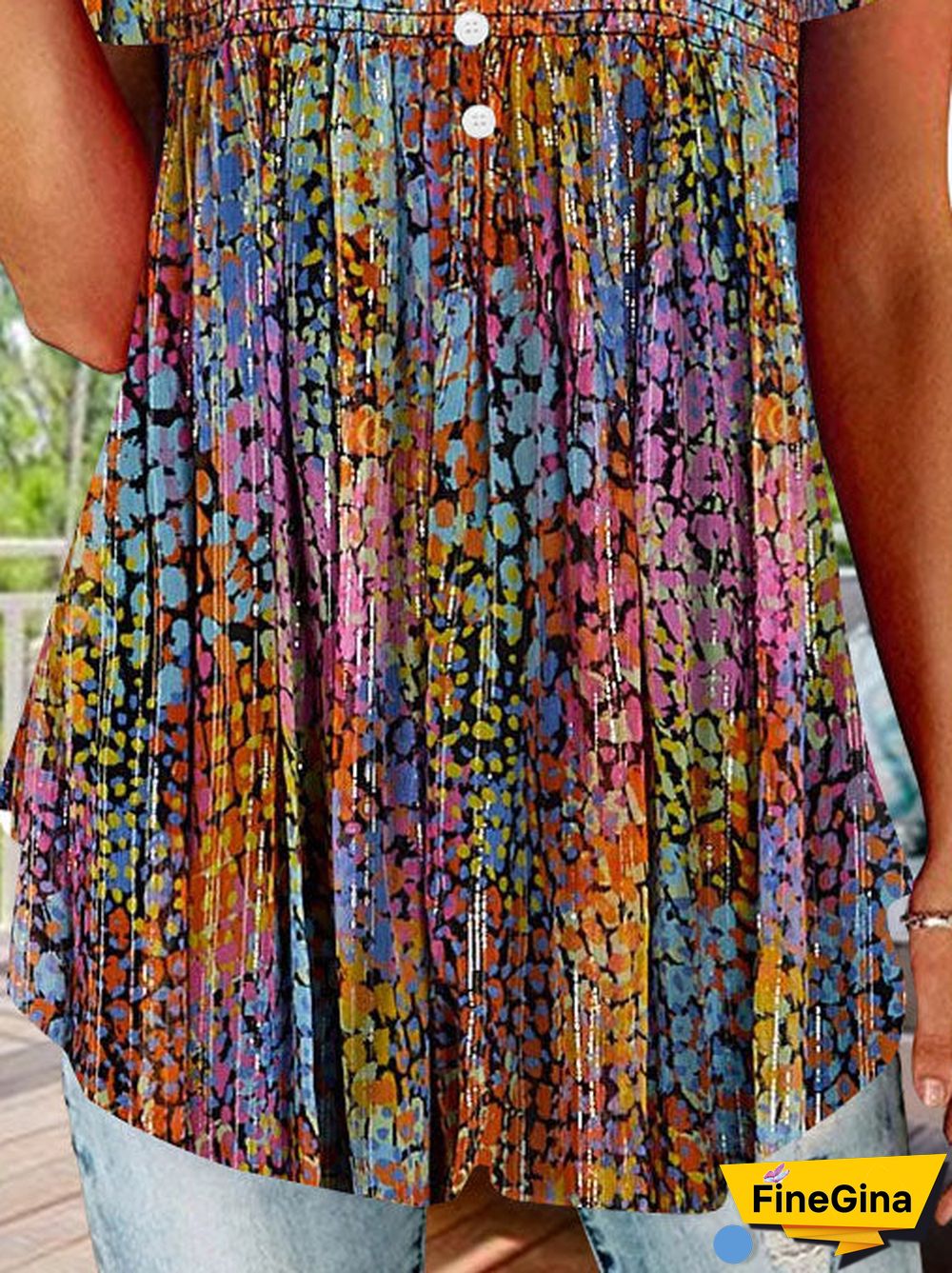 Women's Short Sleeve V-neck Colorful Graphic Button Top