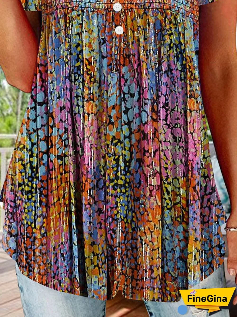 Women's Short Sleeve V-neck Colorful Graphic Button Top