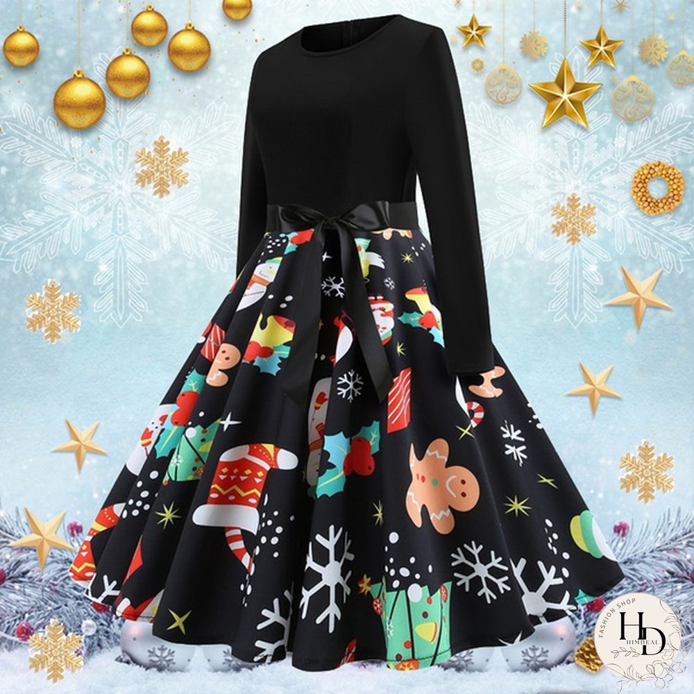 8 Colors Halloween Pumpkin Ghost Skull 3d Print Dresses Santa Claus Christmas Tree Printed Flared Swing Dresses Long Sleeve Ruched Gown Dress Xmas Festival Vestido de Mujer