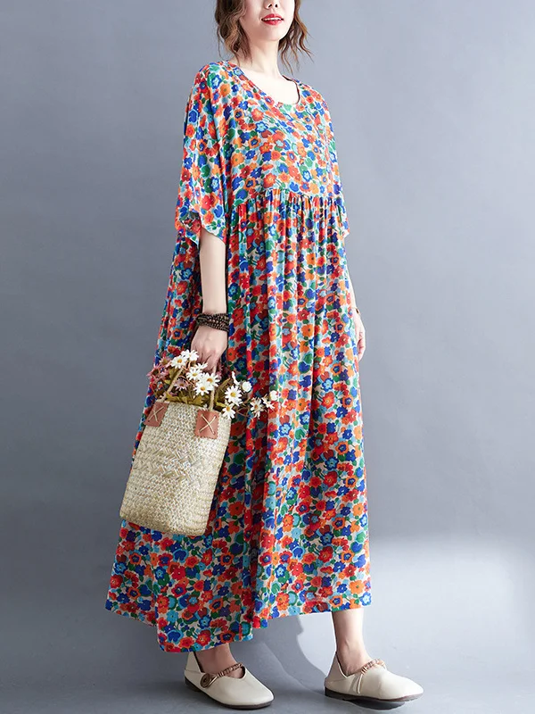 Loose Floral Printed Half Sleeve Pullover Midi Dress - yankia