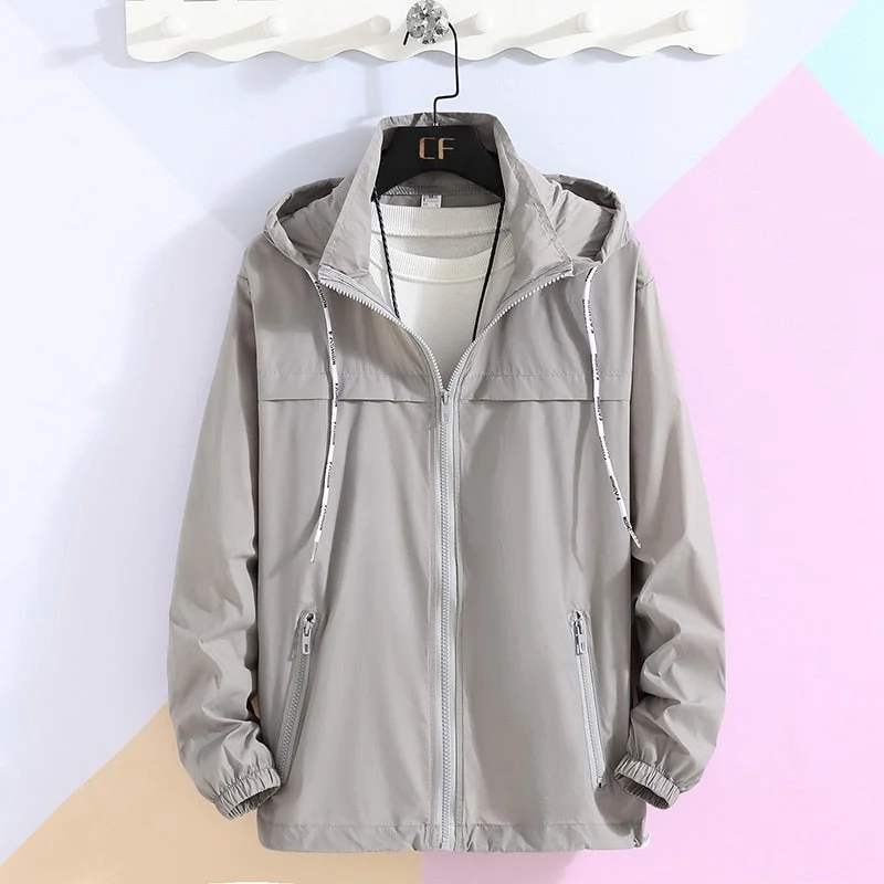 Woherb Summer Thin Jacket Men Hooded Quick-drying Sunscreen Coat Male Lightweight Fabrics Outdoor Windbreaker Travel Clothing White 5XL