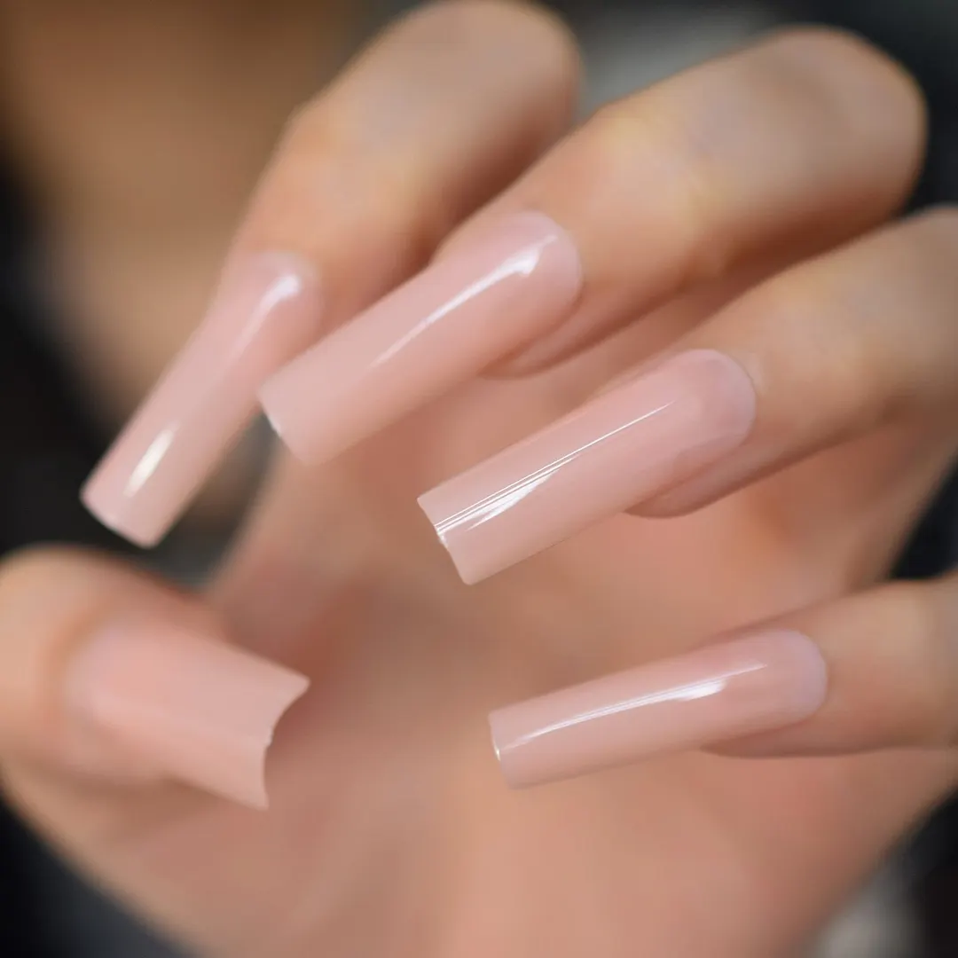 Glossy Pink Nude Fake Nails Extremely Long Square Acrylic Press On Nails Full Cover Gel Nail Art Tools-Nail Inspo