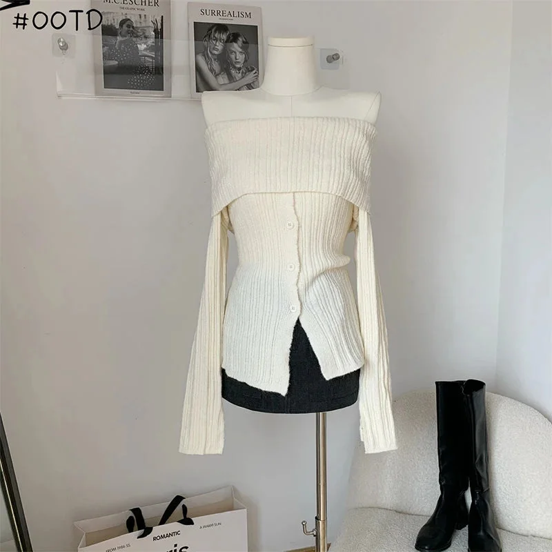 Huiketi Women Off White Pullover Knitted Sweater Harajuku 90s Aesthetic Long Sleeve Slim Jumper Sweater Korean Y2k 2000s Vintage Clothes