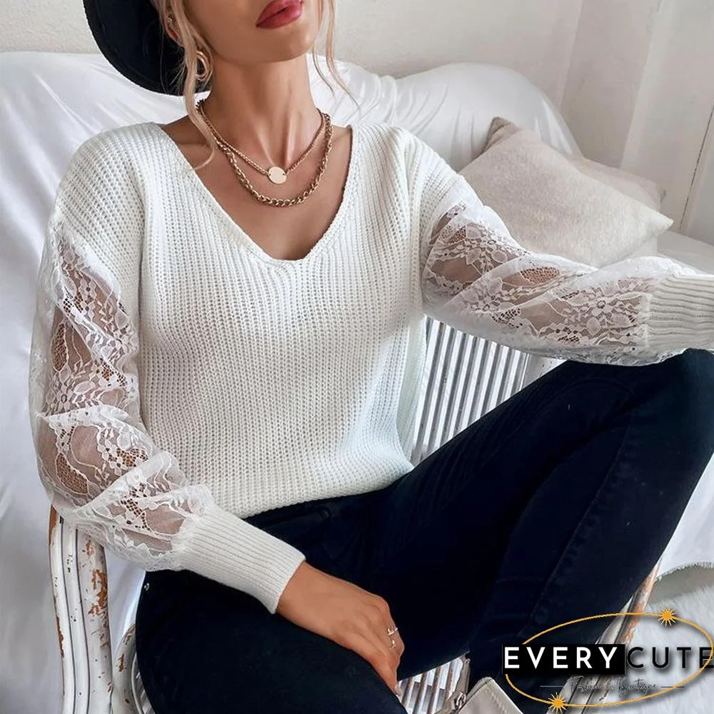White V Neck Lace Joint Sweater