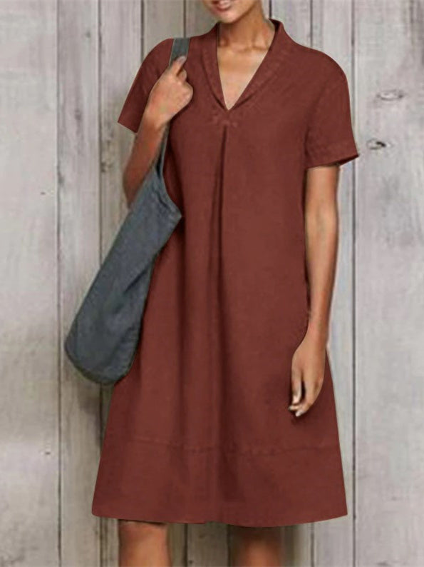 Women Short Sleeve V-neck Soild Midi Dress