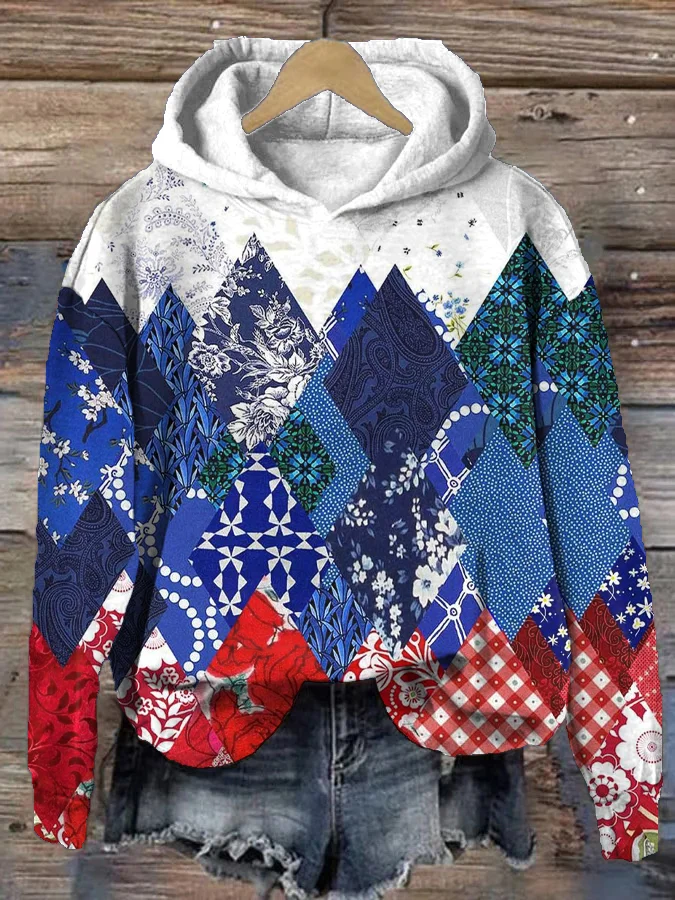 Women's Geometric Mountains Flower Patch Art Print Hooded Sweatshirt