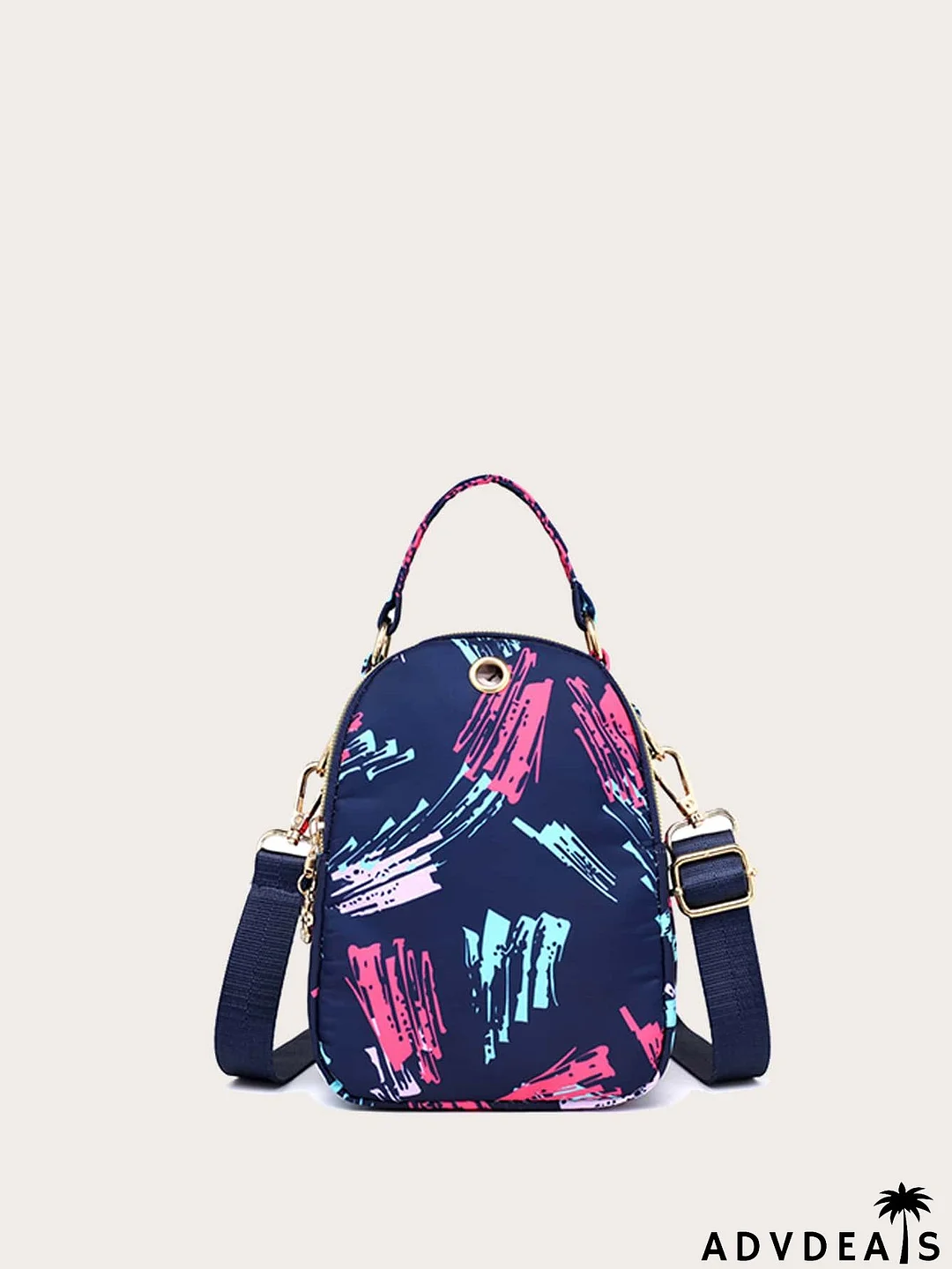 Brush Print Flower Zip Satchel Bag