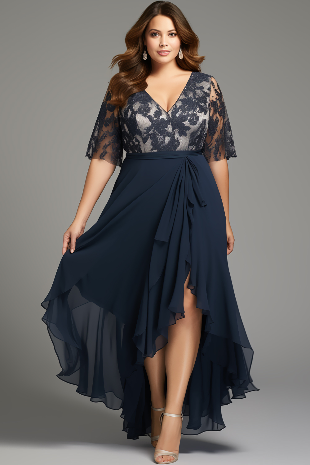 Flycurvy Plus Size Mother Of The Bride Navy Blue Chiffon Lace Flutter Sleeve Asymmetrical High Low Hem Maxi Dress 2024 - Flycurvy 