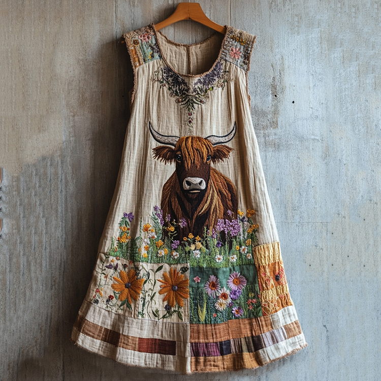 Vintage Floral With Highland Cow Patchwork Embroidered Cozy Linen Midi Dress