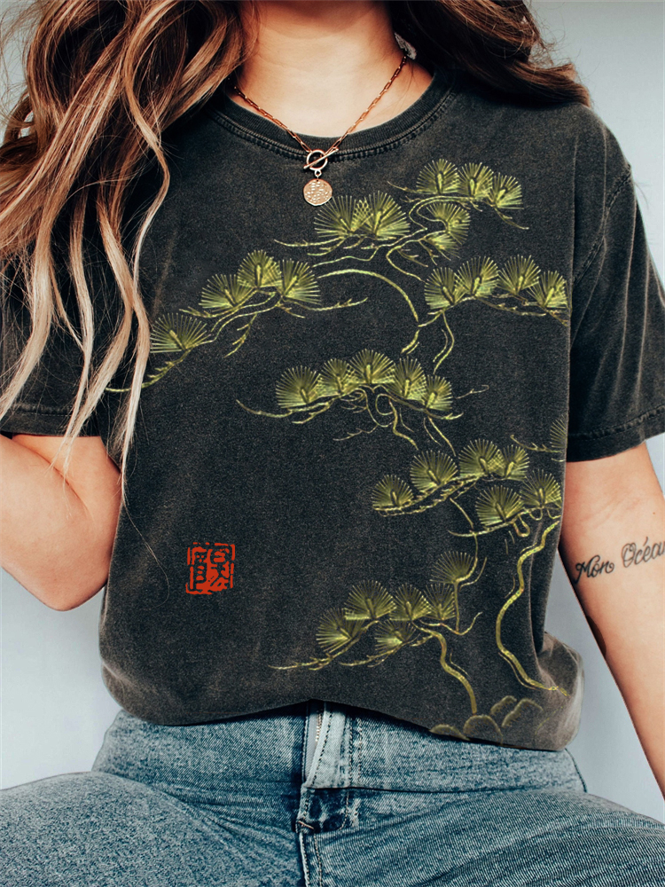 Comstylish Pine Tree Japanese Embroidery Art Vintage T Shirt
