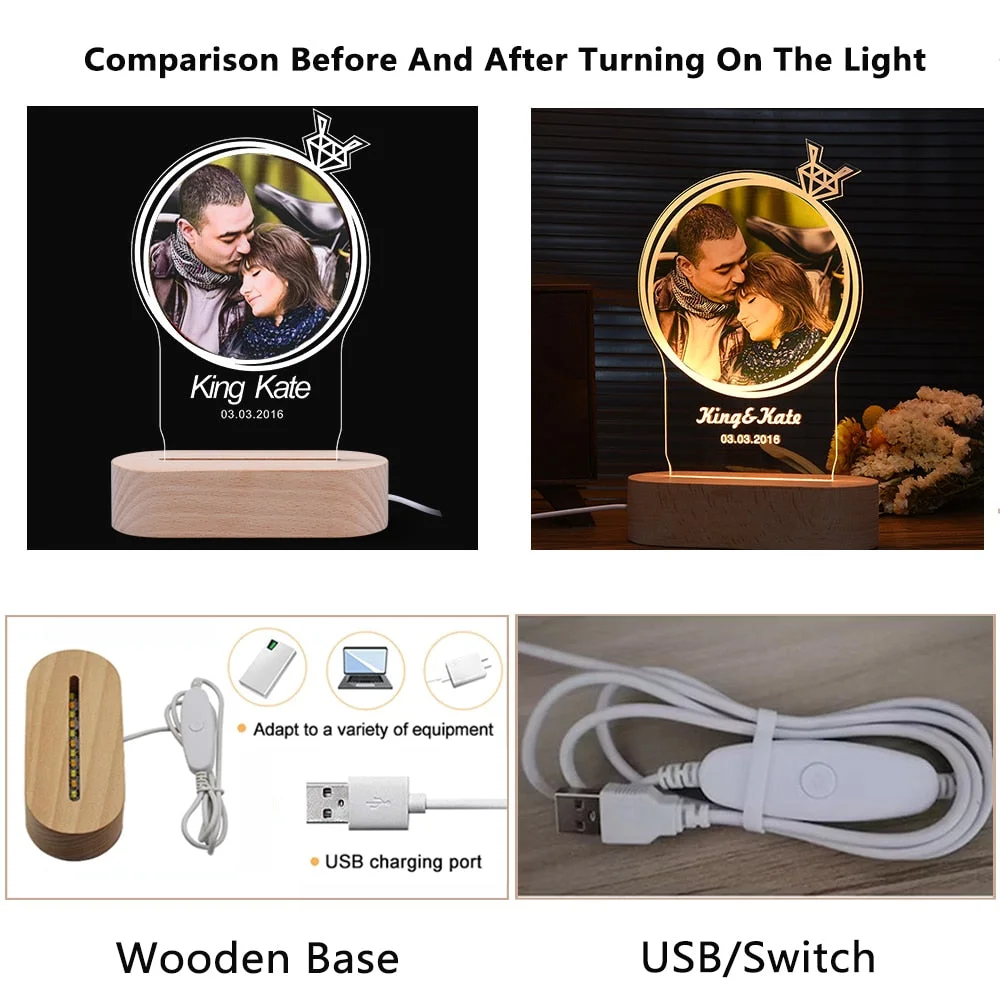 Custom Photo Frame USB With Light Creative Wooden Base Personalized Picture Living Room Bedroom Decoration Anniversary Gifts
