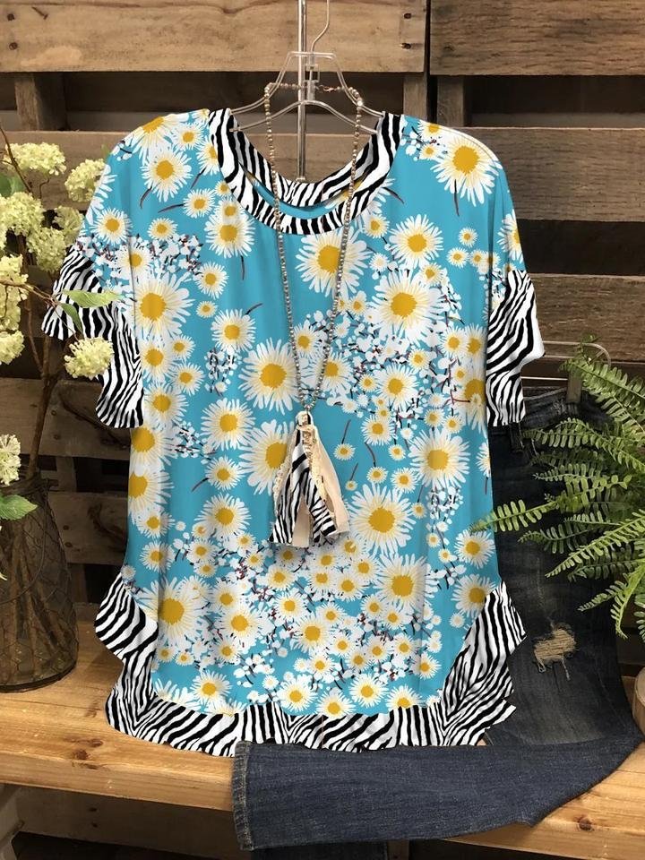 FLORAL GRAPHIC SHORT SLEEVE ROUND NECK CASUAL STITCHING TEE