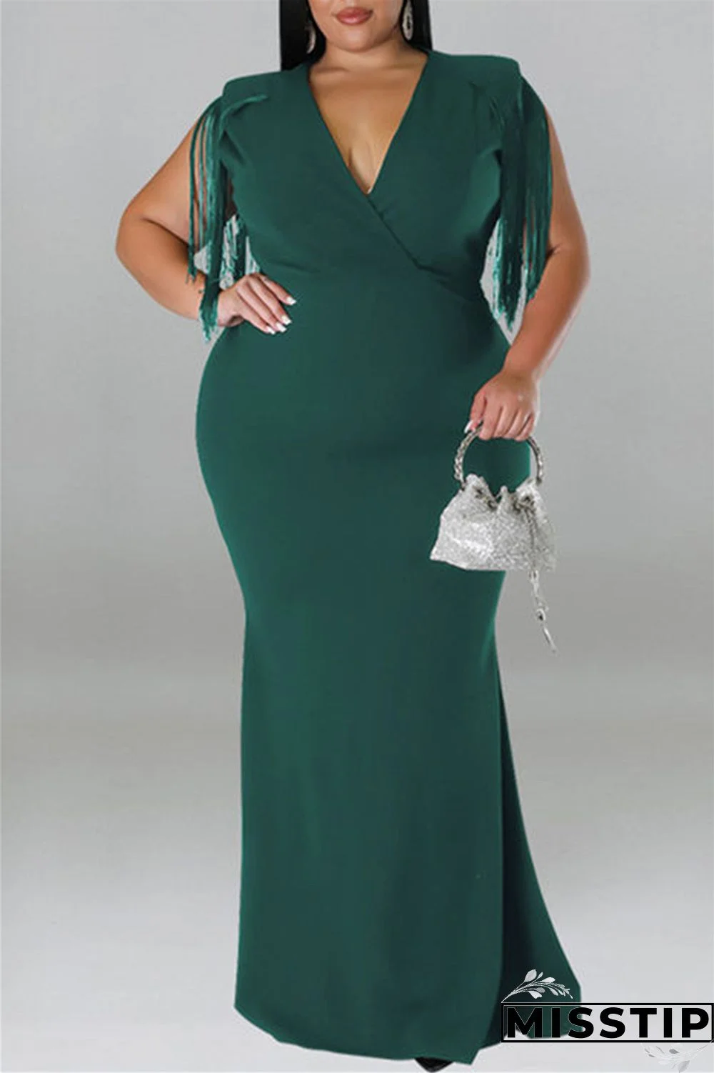 Blue Casual Plus Size Solid Tassel Patchwork V Neck Long Dress