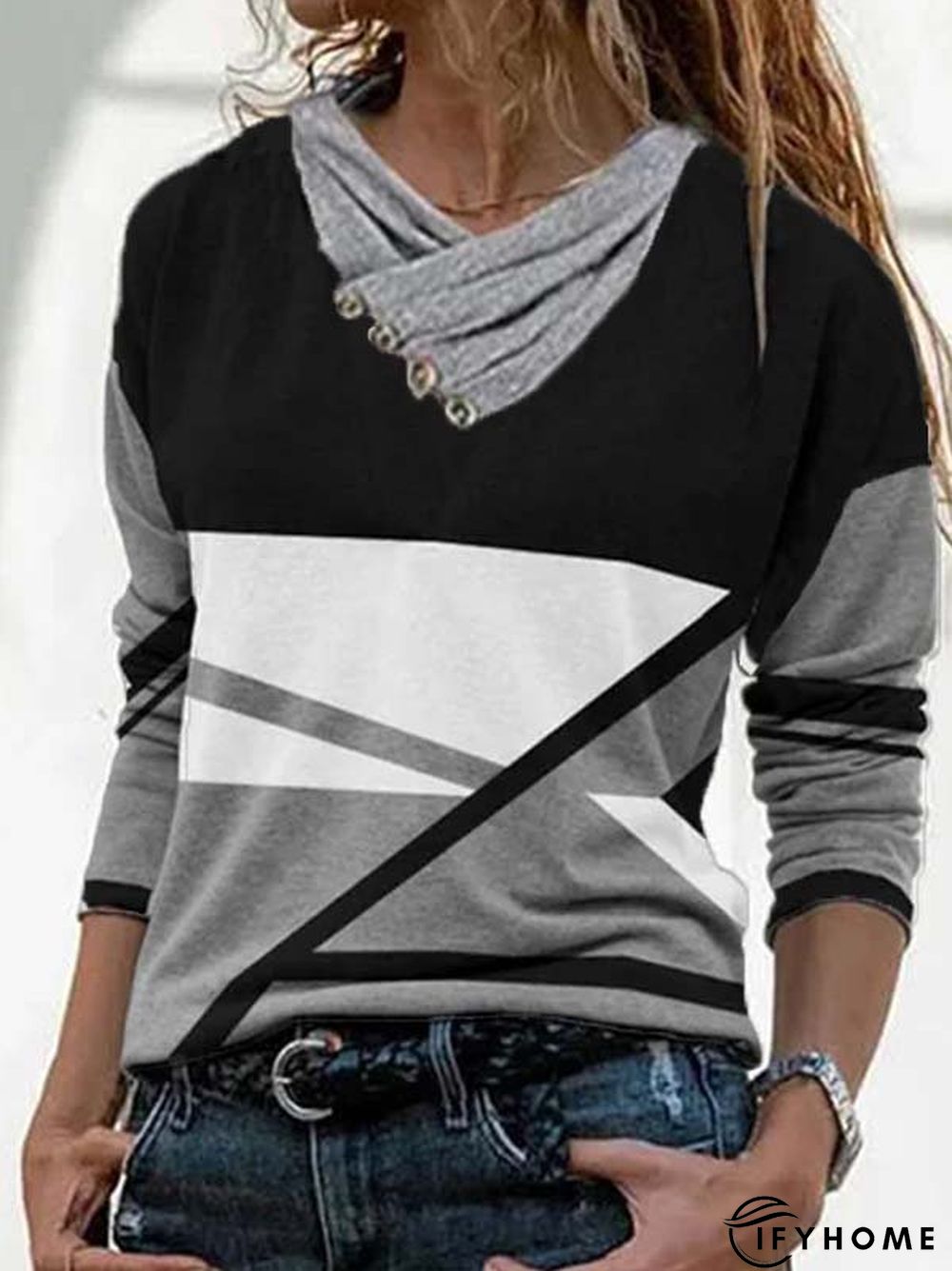 Cowl Neck Long Sleeve Color Block Casual T-shirt | IFYHOME