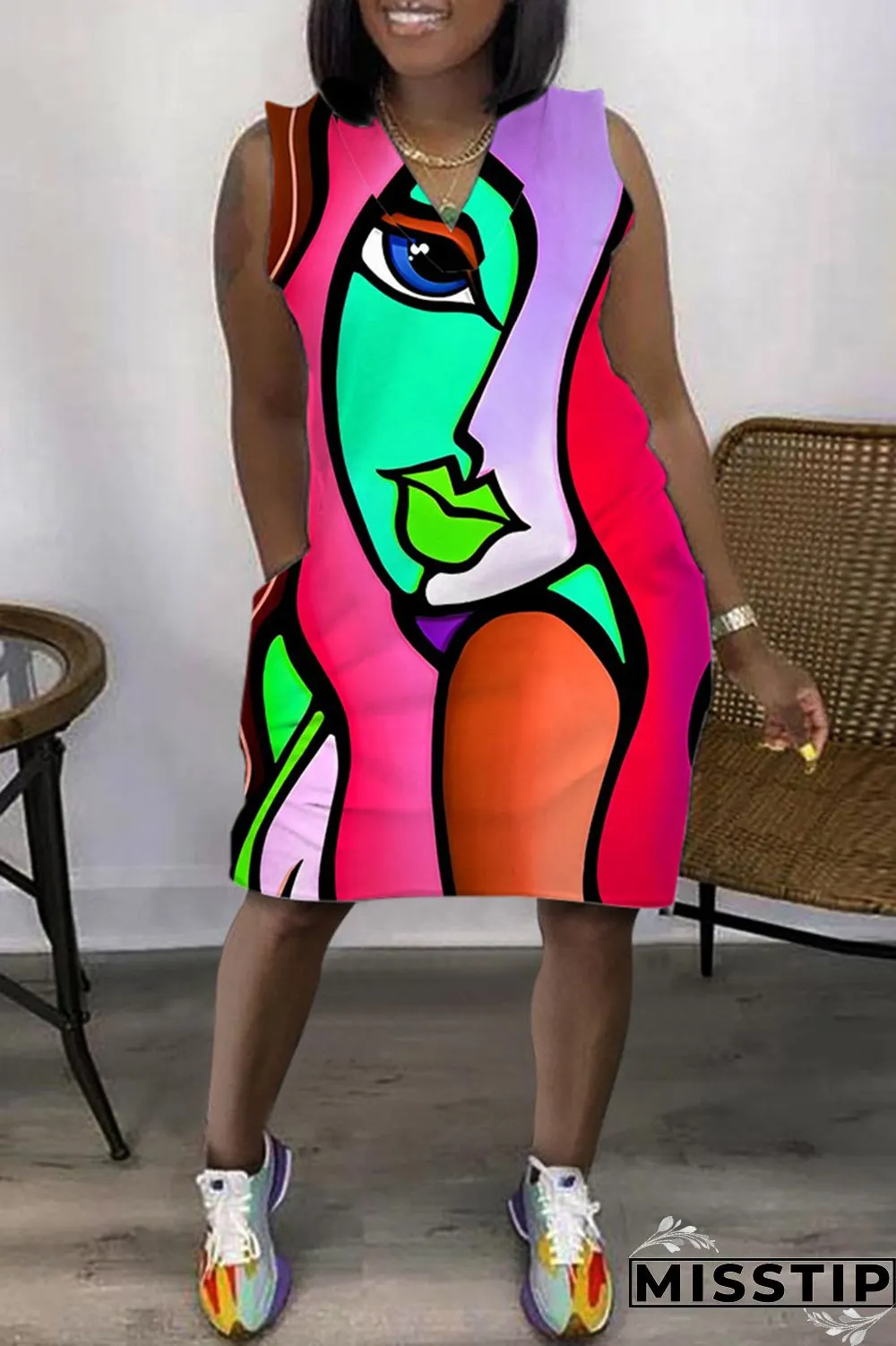 Purple Casual Print Patchwork V Neck Sleeveless Dress Dresses