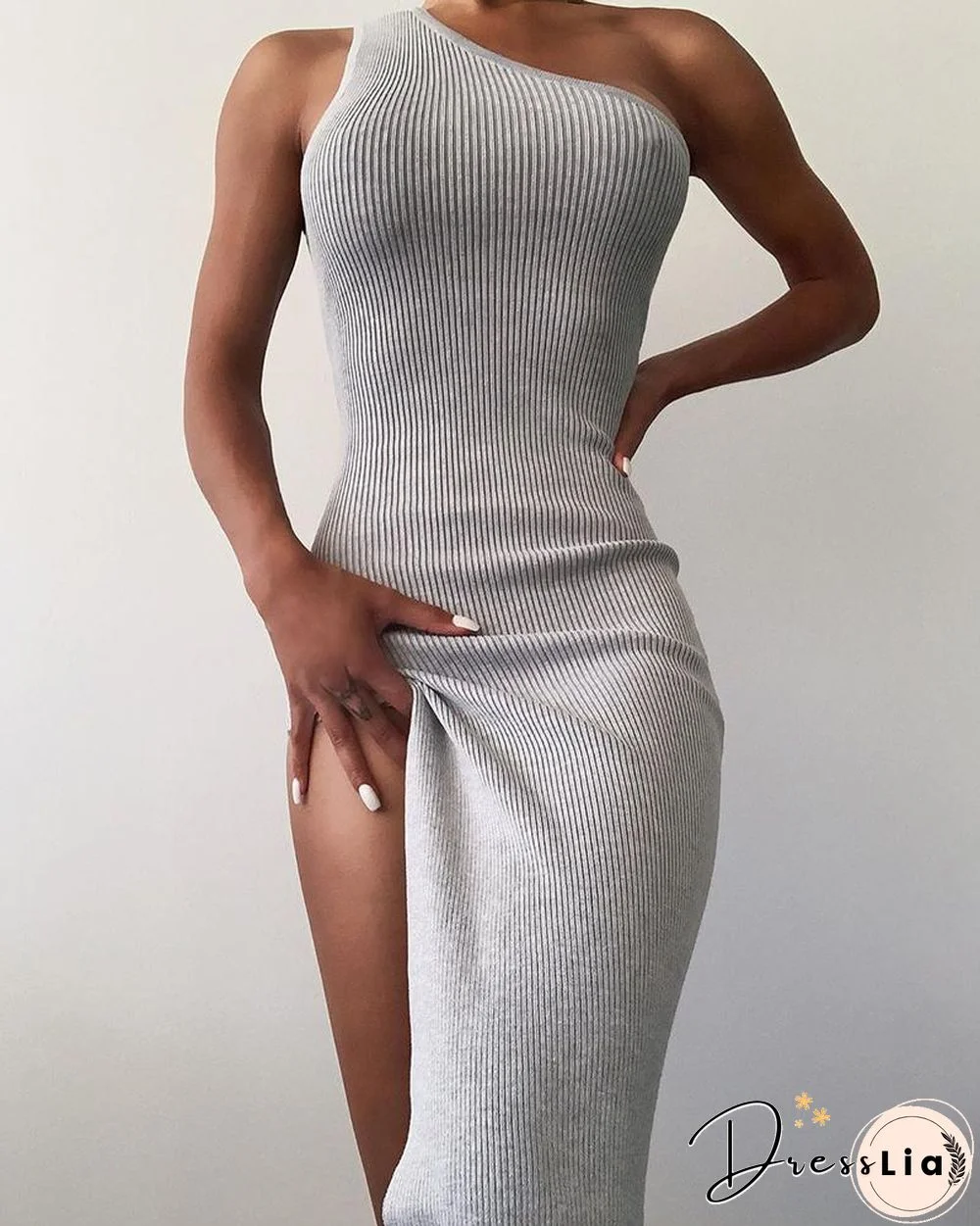 High Slit Knit One Shoulder Maxi Dress