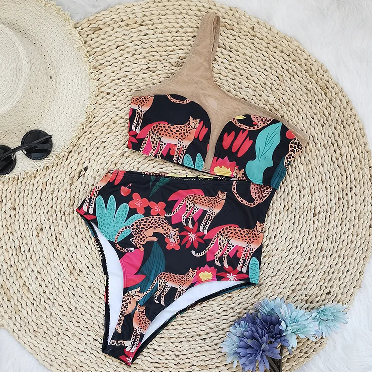 One Shoulder Jungle Animal Print Cut Out One Piece Swimsuit Flaxmaker