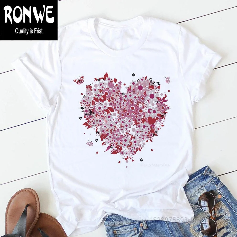 Pink Heart Flower Print Women Tshirt Cotton Casual Funny T Shirt Gift 90s Lady Yong Girl Drop Ship PKT-894
