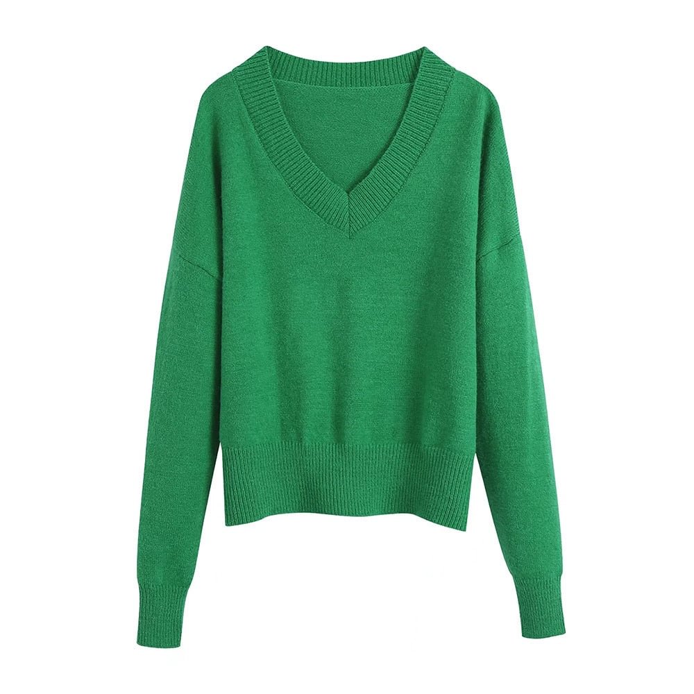 TRAF Women Fashion Soft Touch Loose Knitted Sweater Vintage V Neck Long Sleeve Female Pullovers Chic Tops