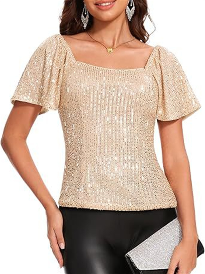 Women's Square Neck Fashion Short-sleeved Sequins Bubble Sleeve Fashion Shirt
