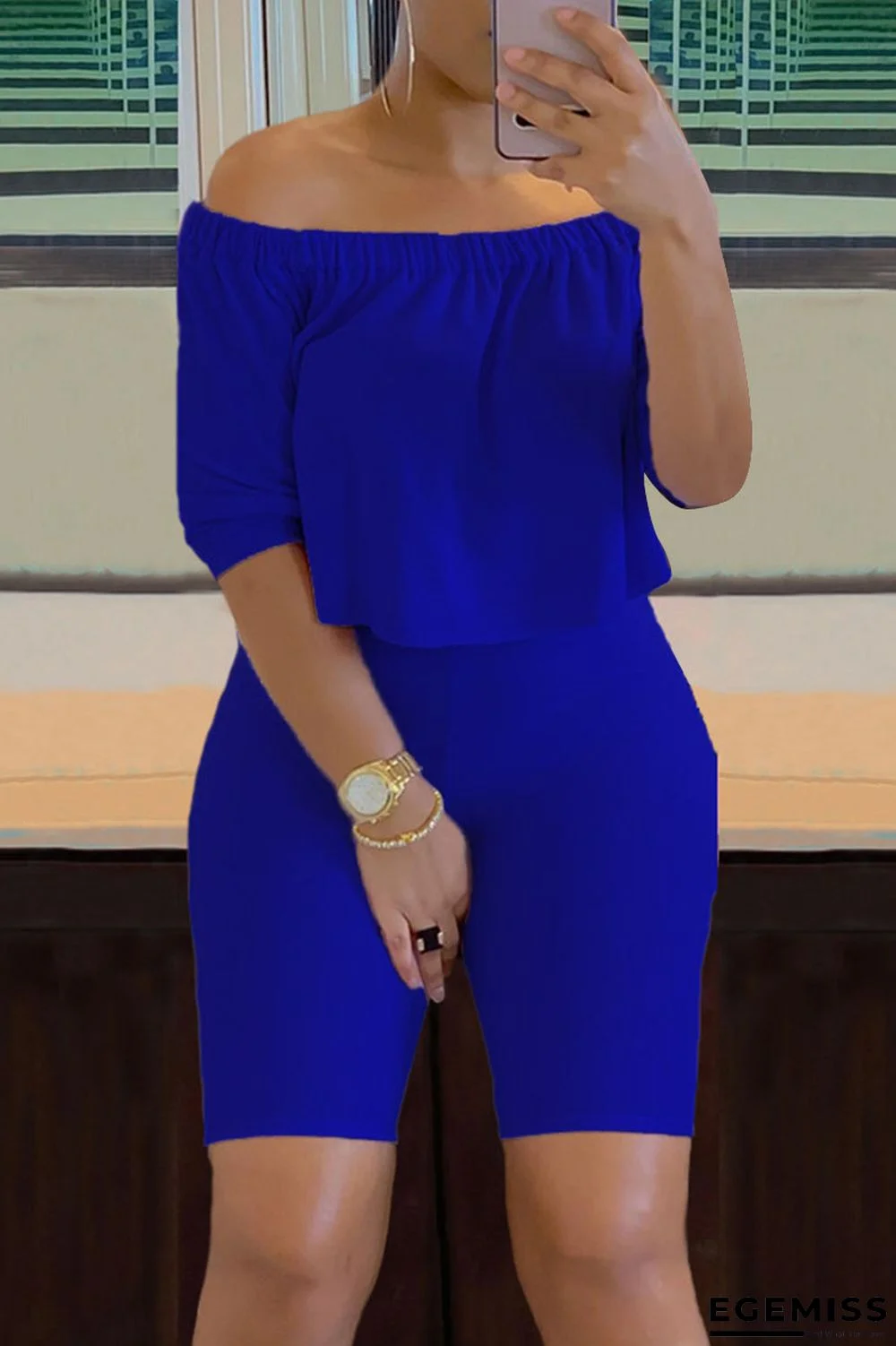 Blue Casual Solid Patchwork Off the Shoulder Three Quarter Two Pieces | EGEMISS