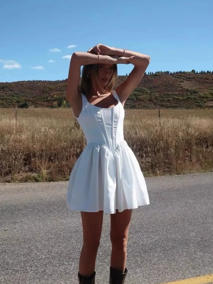 Churchf Inspired square neckline straps white dress mini sexy women party dress sleevless hot girl summer dresses new 2024-Outfit Ideas