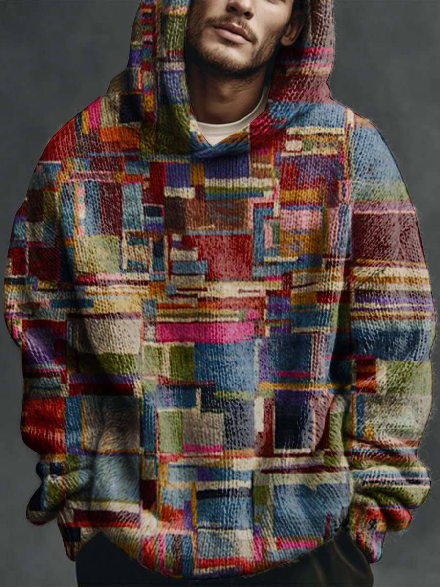 Retro Colorful Patchwork Plaid Print Casual Knitted Hoodie Sweater