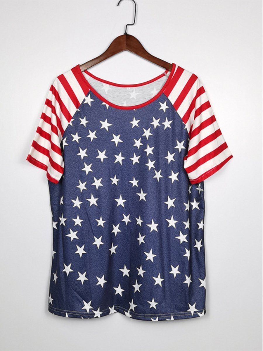 Women's American Flag Shirts Stripe Stars Patchwork Short Sleeve Loose T Shirt