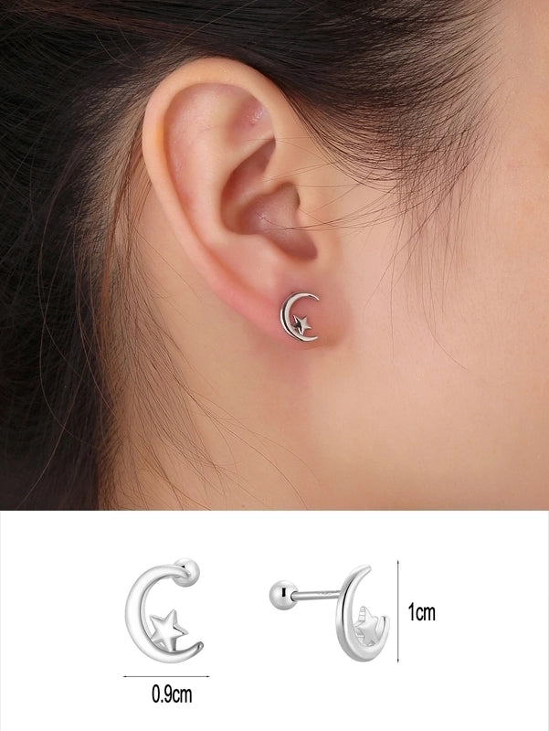1 Pair 14K Gold Plated 925 Sterling Silver Zircon Star Moon Butterfly Ear Studs