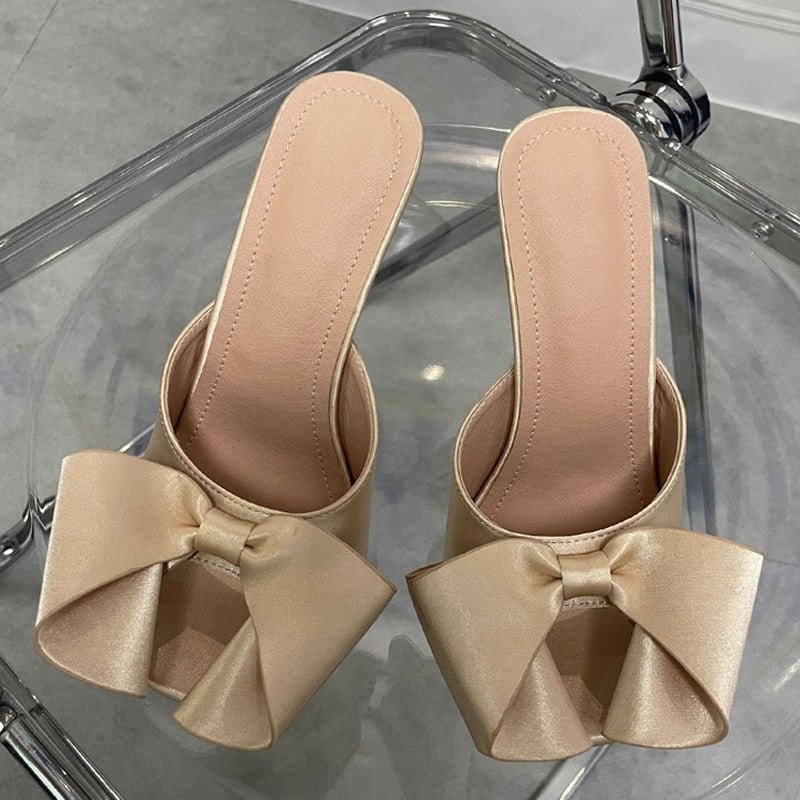 2022 New Purple Silk Butterfly-Knot Women Sexy Slippers Fashion Strange High Heels Sandals Square Toe Mules Slides Party Shoes