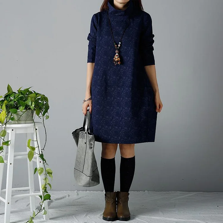 Navy knitted cotton winter dresses warm