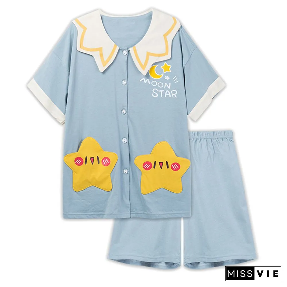 Cartoon Animal Fruit Print Cotton Pocket Pajamas Set