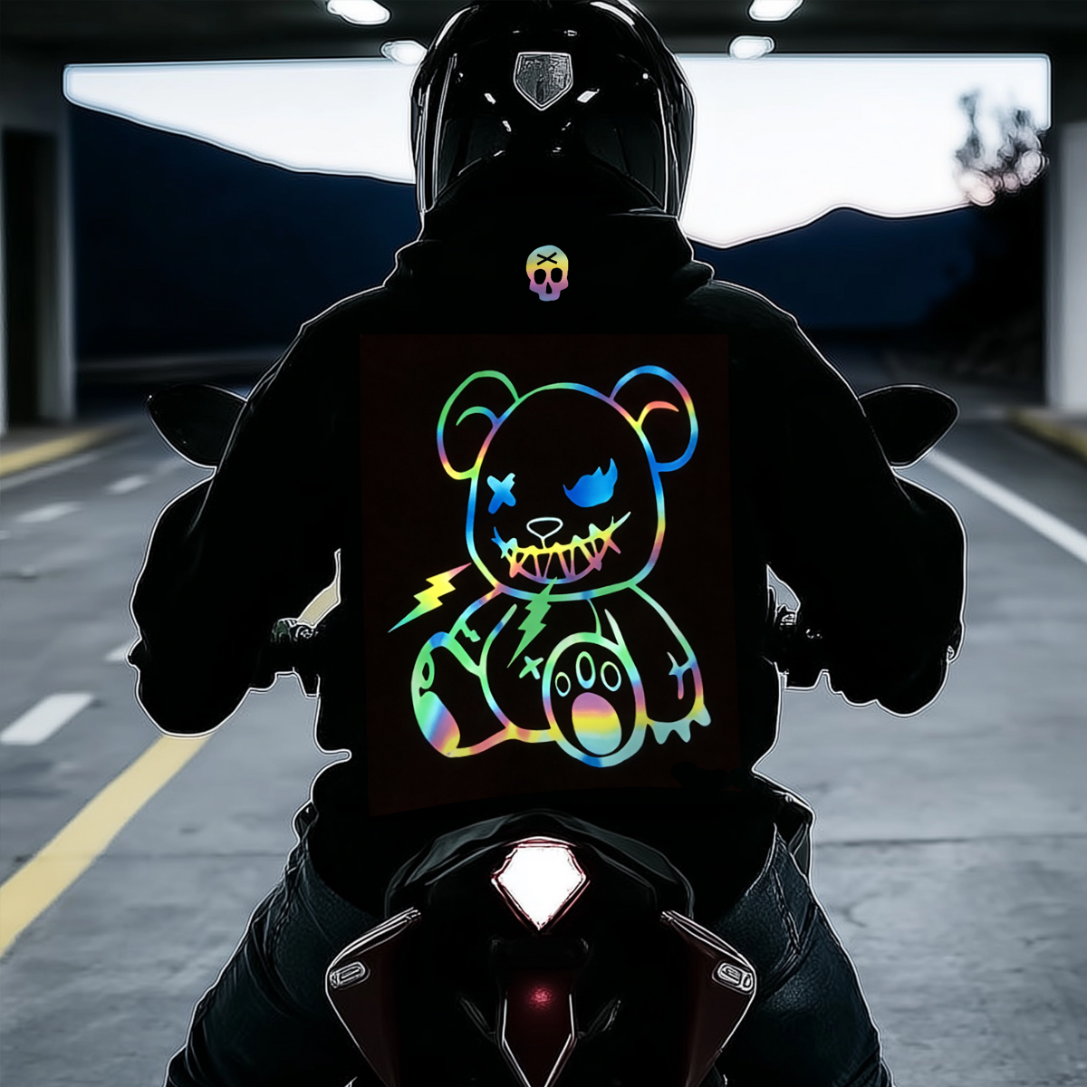 Reflective Laser Bear Graphic Motorcycle Street Style Hoodie