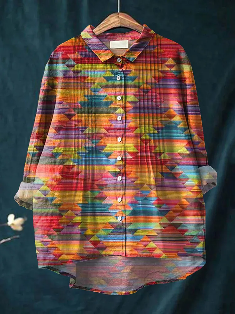 Women's Abstract Geometric Pattern Art Print Casual Cotton And Linen Ruffle Shirt