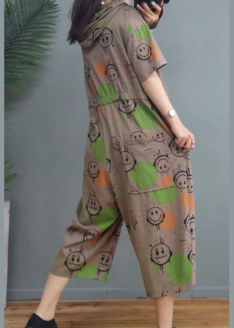 Simple Khaki Hooded Print Cotton Jumpsuits Half Sleeve
