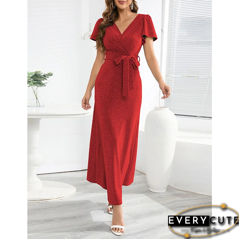 Red Cross Open Back V Neck Maxi Dress With Belt