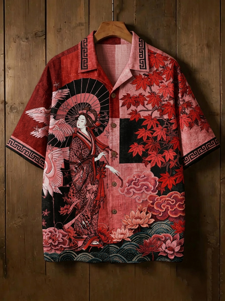 Men's Elegant Japanese Geisha And Dragon Art Printed Short-sleeve Shirt elevenforest