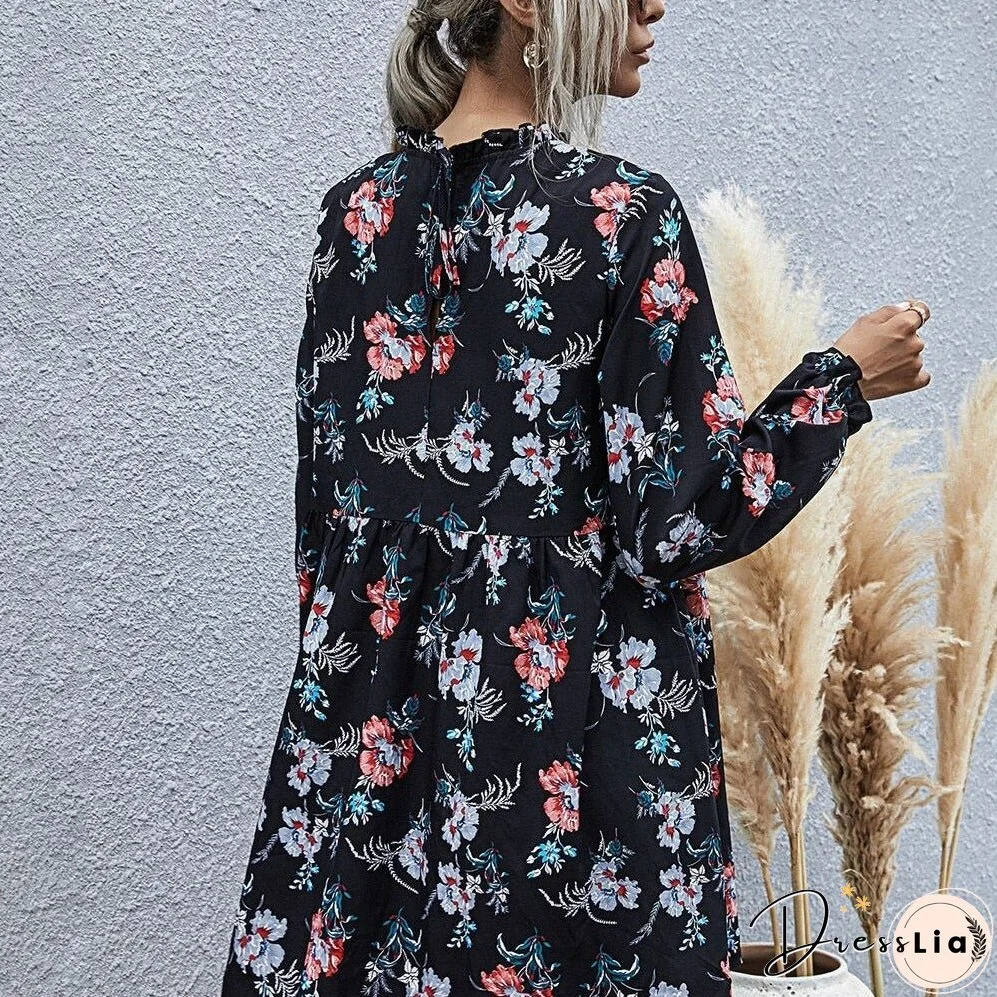 Black background small collar fashion leisure high waist A-line skirt temperament autumn and winter dress women's long sleeves