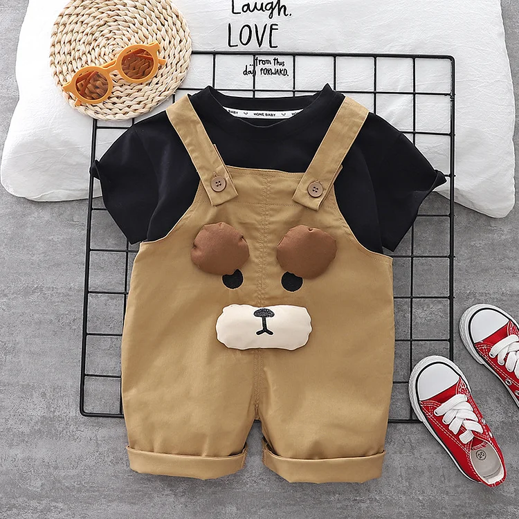 2pcs Baby Boy Solid Color Black T-shirt & 3D Dog Decor Overalls Romper Set