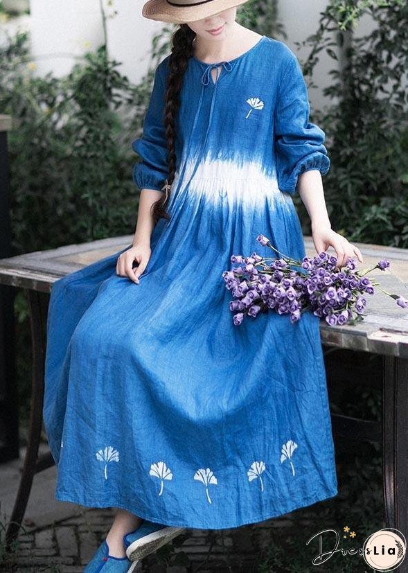 Organic Blue Print Tunic O Neck Cinched Art Dress