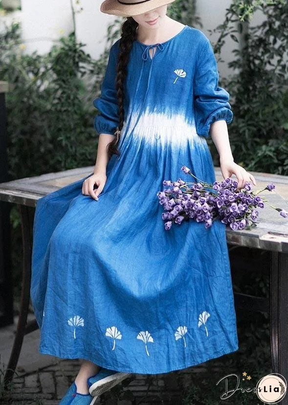 Organic Blue Print Tunic O Neck Cinched Art Dress