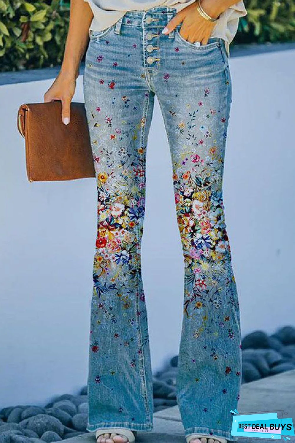 Casual Floral Pocket Regular Denim Jeans