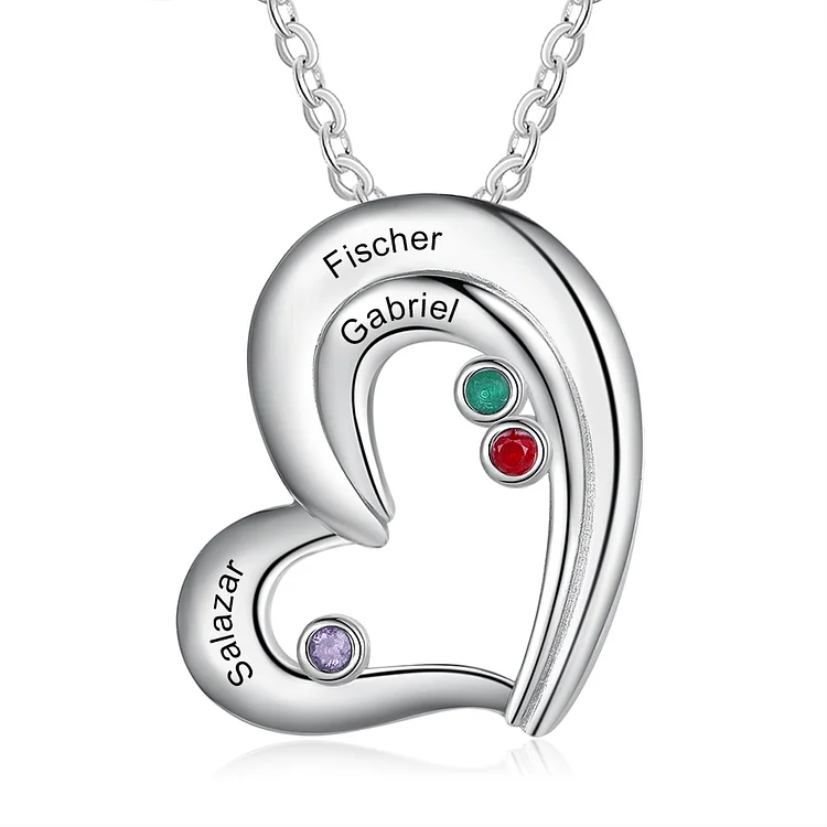 Personalized Heart Necklace with 3 Birthstones Necklace for Her