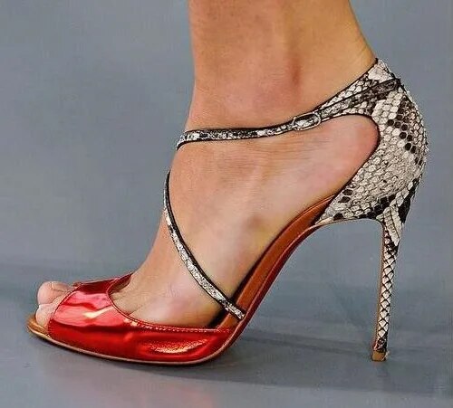 VCSHOES Woman Red Patent Leather Snake Skin Python Patchwork Buckle Strap Peep Toe Thin Heels Party High Heel Sandals