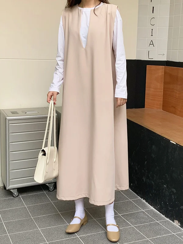 Casual Sleeveless Loose Solid Color V-Neck Midi Dresses