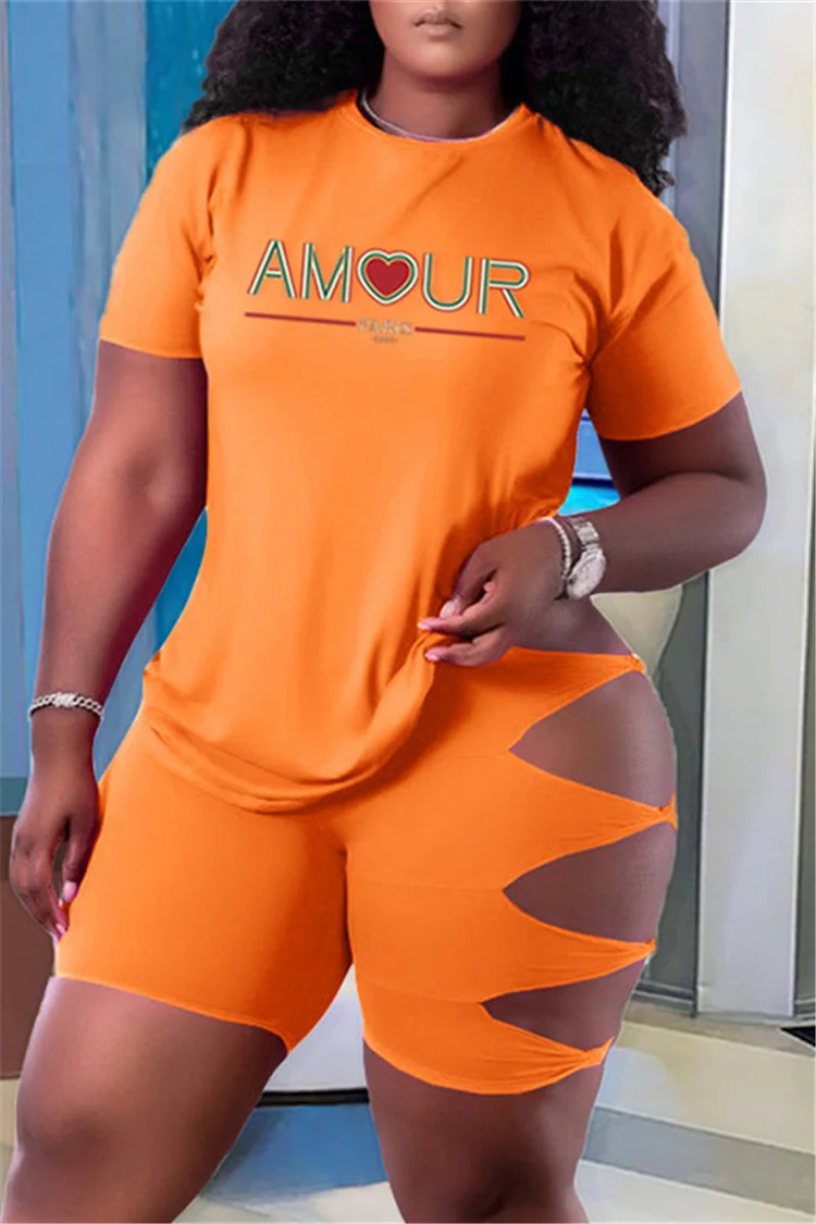 Orange Fashion Casual Letter Print Ripped O Neck Plus Size Two Pieces