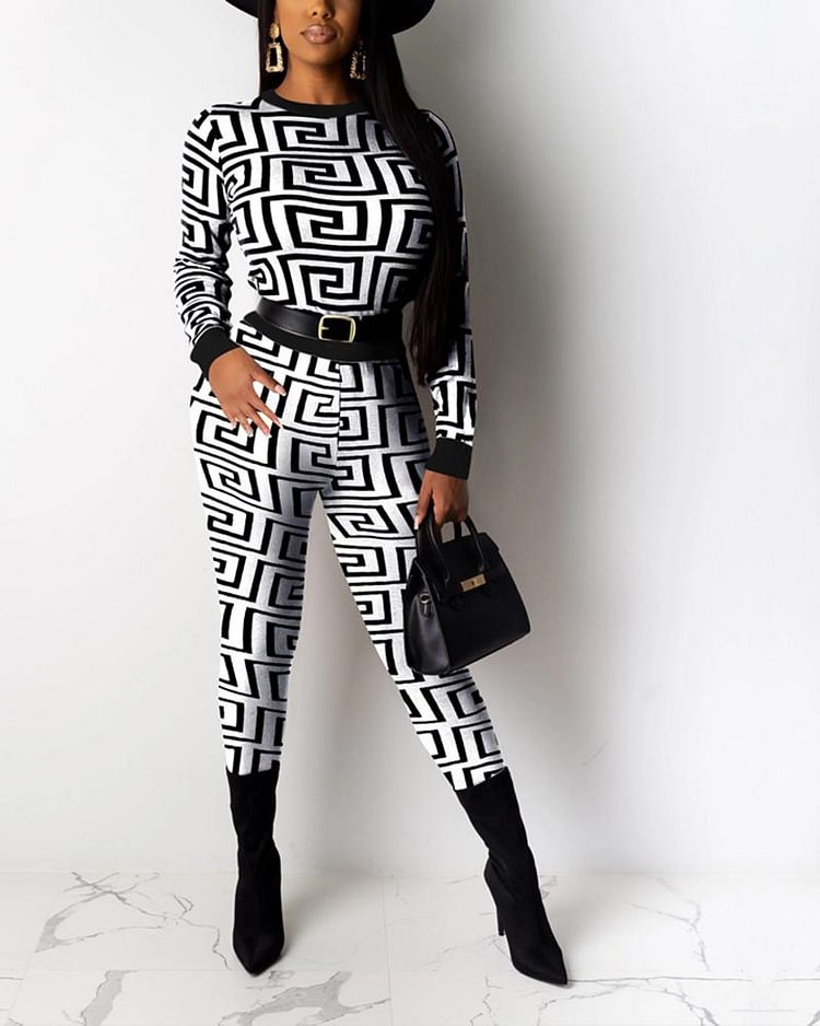Geo Print Long Sleeve Top & Pants Set Without Belted - Shop Trendy Women's Clothing | LoverChic