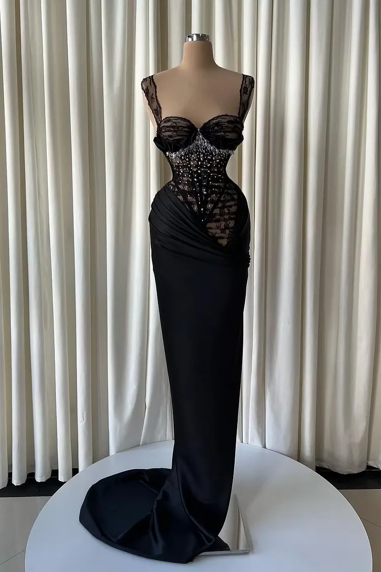 Lussooy Elegant Black Sweetheart Beading Sleeveless Lace Sheath Prom Dress 