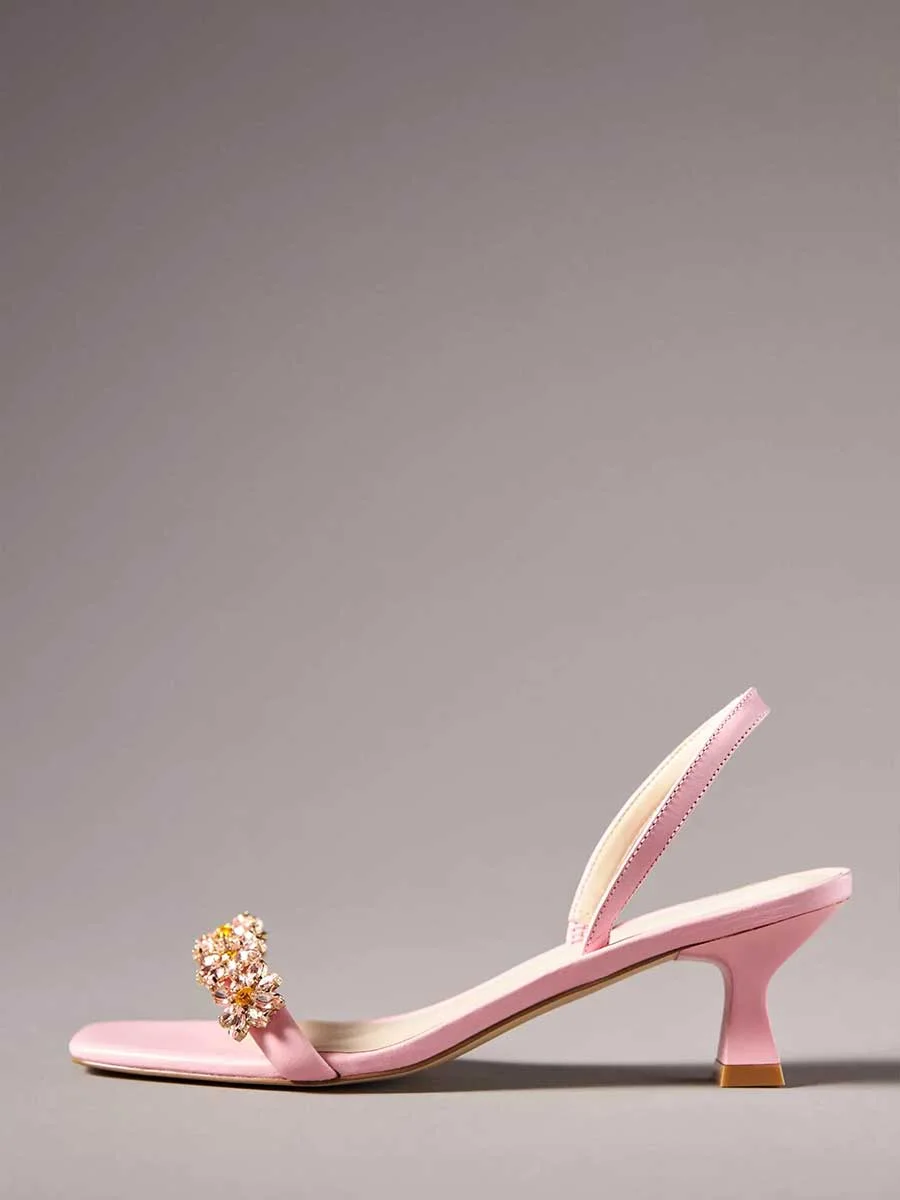 Elegant Pink Slingback Kitten Heels Rhinestone Floral Wedding Sandals